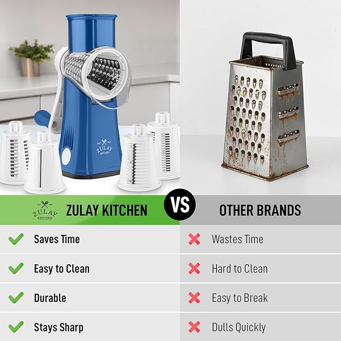 Zulay Kitchen Rotary Cheese Grater 5 Blade Cheese Shredder - Manual Hand Crank Cheese Grater With Reinforced Suction & 5 Interchangeable Drums - Easy to Use, Vegetable Chopper Round Mandoline Slicer - Image 2