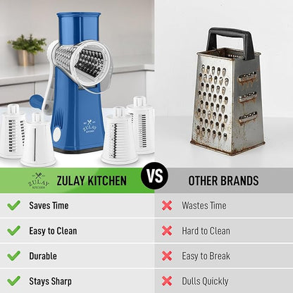 Zulay Kitchen Rotary Cheese Grater 5 Blade Cheese Shredder - Manual Hand Crank Cheese Grater With Reinforced Suction & 5 Interchangeable Drums - Easy to Use, Vegetable Chopper Round Mandoline Slicer - Image 2