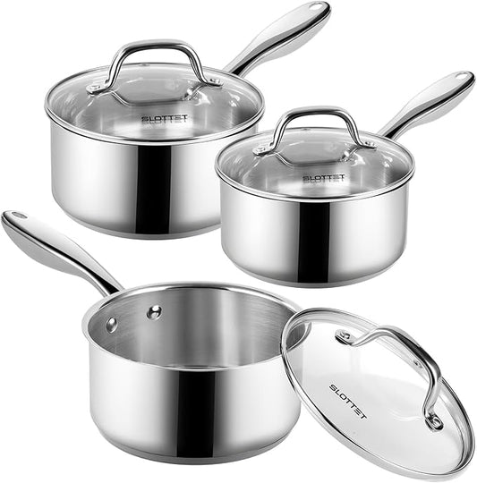 SLOTTET 1Qt & 2Qt & 3QT Stainless Steel Sauce Pan Set with Lid,6 Pcs Non Stick Saucepan,Small Kitchen Pots,Induction Compatible,PFOA FREE by SLOTTET