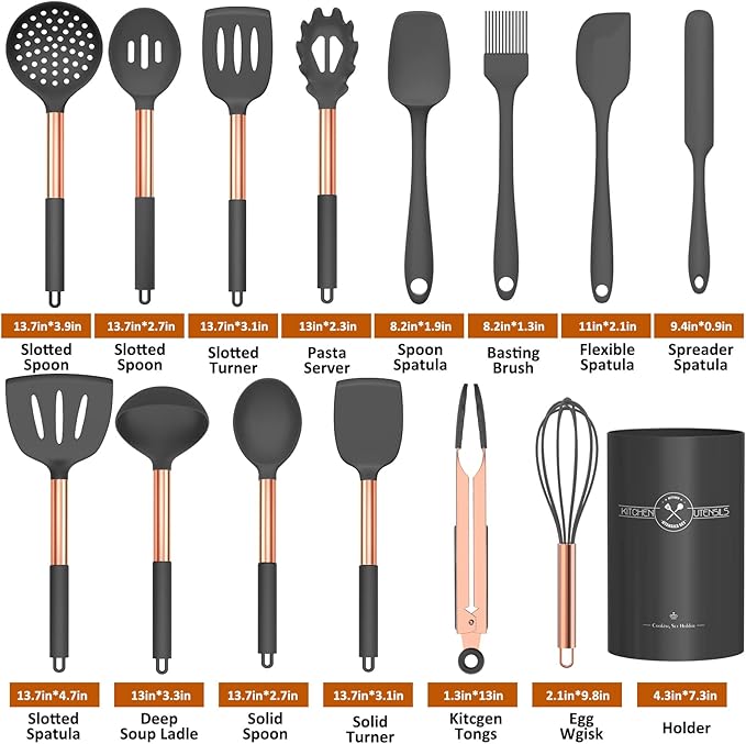 Silicone Cooking Utensil Set, Umite Chef Kitchen Utensils 15pcs Cooking Utensils Set Non-stick Silicone Rose Gold Handle Cooking Tools Whisk Kitchen Tools Set -Grey - Image 2