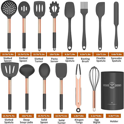 Silicone Cooking Utensil Set, Umite Chef Kitchen Utensils 15pcs Cooking Utensils Set Non-stick Silicone Rose Gold Handle Cooking Tools Whisk Kitchen Tools Set -Grey - Image 2