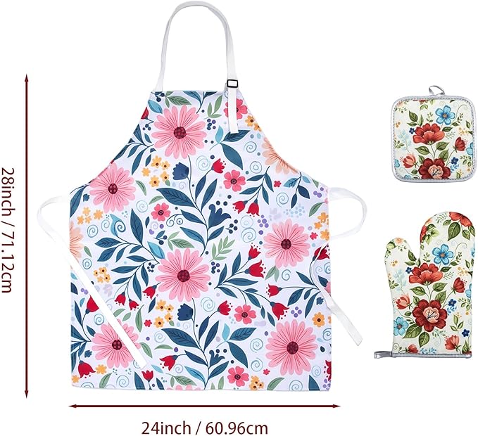 Floral Apron and Oven Mitt Set 3 Piece, Heat Resistant Kitchen Mittens and Pot Holders, Vintage Farmhouse Kitchen Decor Accessories, Cute Cooking Baking Gifts for Women Mom.