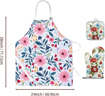 Floral Apron and Oven Mitt Set 3 Piece, Heat Resistant Kitchen Mittens and Pot Holders, Vintage Farmhouse Kitchen Decor Accessories, Cute Cooking Baking Gifts for Women Mom.