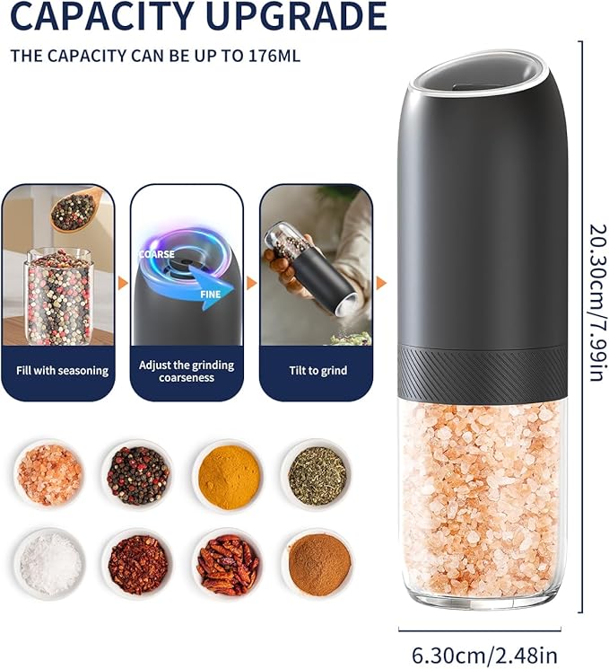 CIRCLE JOY Gravity Electric Salt and Pepper Grinder Set, Battery Powered Automatic Pepper Mills with Adjustable Coarseness, One Hand Operation, 176ml Large Container, Black - Includes 8 Batteries - Image 3