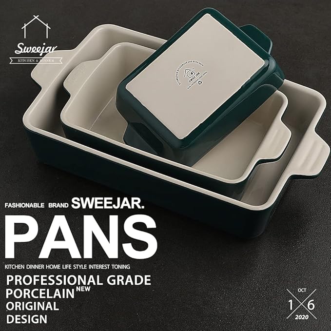 Sweejar Ceramic Bakeware Set, Rectangular Baking Dish Lasagna Pans for Cooking, Kitchen, Cake Dinner, Banquet and Daily Use, 11.8 x 7.8 x 2.76 Inches of Casserole Dishes (Jade) - Image 2