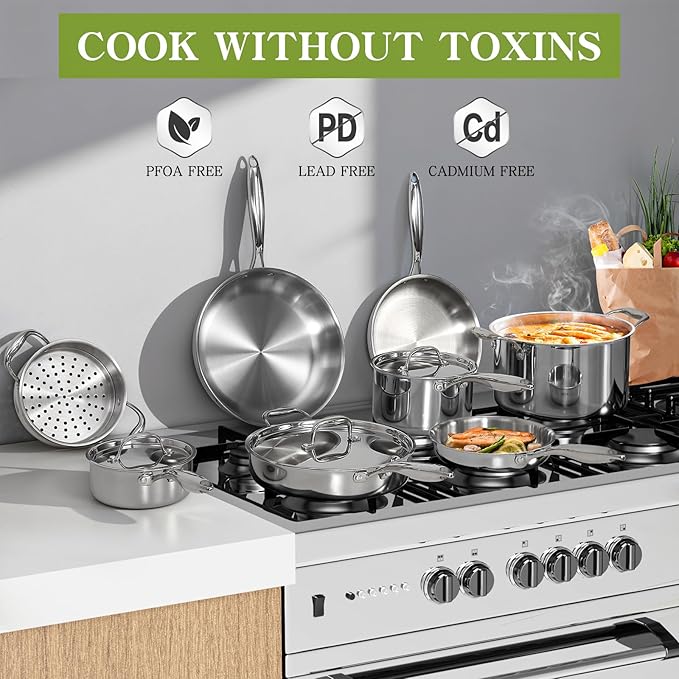 Triple Ply Stainless Steel Pots and Pans Set, EWFEN 12 Piece Induction Cookware Set, Oven Dishwasher Safe | Frying Pans, Saucepans, Saute Pan & Stock Pot, PFOA Free Kitchen Skillet - Image 6