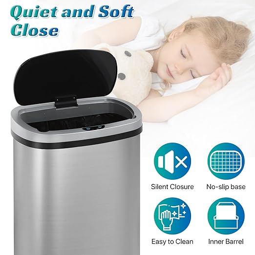 Dkeli 13 Gallon Automatic Motion Sensor Trash Can, Stainless Steel Touchless Kitchen Trash Can with Lid, 50L High-Capacity Office Bathroom Bedroom Garbage Bin