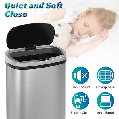 Dkeli 13 Gallon Automatic Motion Sensor Trash Can, Stainless Steel Touchless Kitchen Trash Can with Lid, 50L High-Capacity Office Bathroom Bedroom Garbage Bin