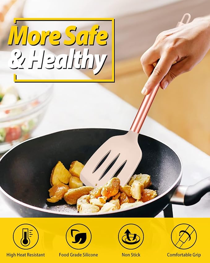 Pack of 4 Silicone Cooking Utensils Set, Non Stick Large Solid Spatulas, Heat Resistant Rose Gold Khaki Slotted Spoons, Ideal BPA Free Kitchen Turners for Frying, Mixing,Serving,Draining,Turning - Image 4