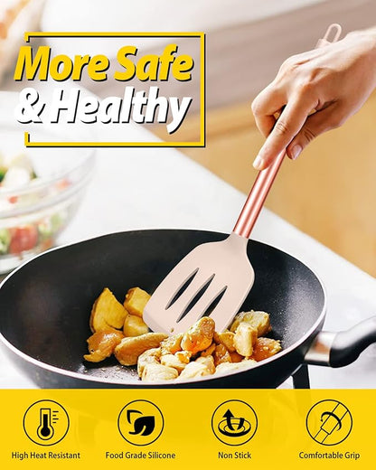 Pack of 4 Silicone Cooking Utensils Set, Non Stick Large Solid Spatulas, Heat Resistant Rose Gold Khaki Slotted Spoons, Ideal BPA Free Kitchen Turners for Frying, Mixing,Serving,Draining,Turning - Image 4