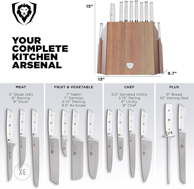 Dalstrong 18-Piece Gladiator Colossal Knife Block Set (White Handles) — German High-Carbon Steel, Full-Tang, Hand-Sharpened — For Home Chefs, Wedding Registries & Serious Kitchens — Acacia Block, NSF - Image 5