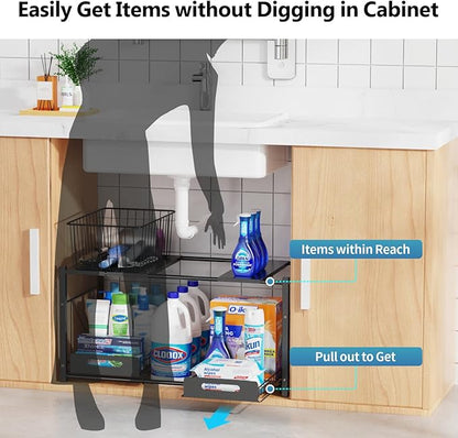 iSPECLE Extendable Under Sink Organizer - 2 Tier Expandable Under Cabinet Organizer Shelf with Height Adjustable Add Extra Space and Easy Access for 22" to 32" Wide Sink Cabinet, Black
