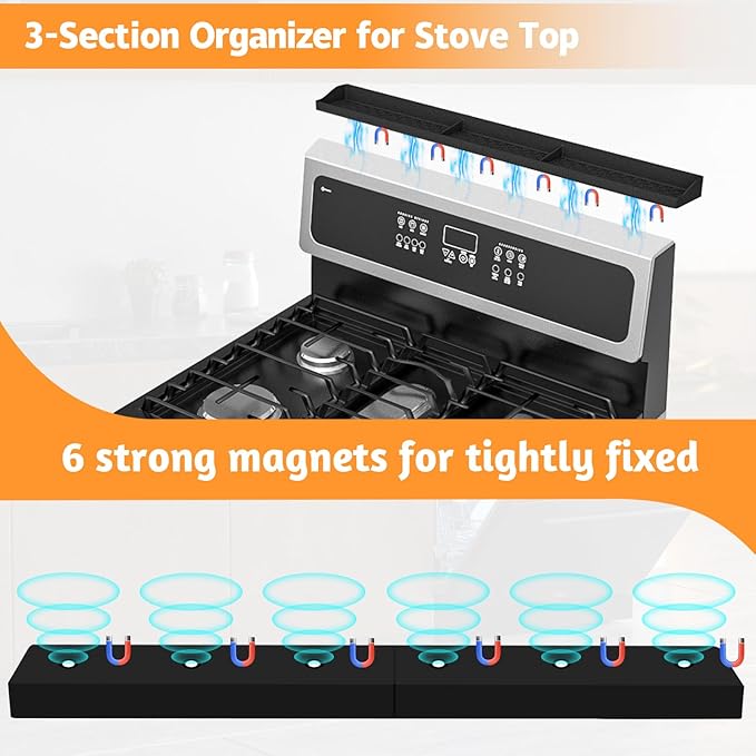 Foeacry Magnetic Stove Top Shelf 30 Inch - Heat Resistant Silicone Over the Stove Shelf Spice Rack Organizer - 3 Functional Partitions Kitchen Organization and Storage for Spices, Oils & Gadgets - Image 3