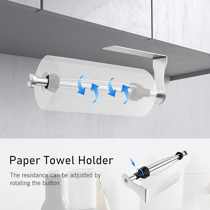 SetSail Paper Towel Holder, 2 Packs Single Hand Operable Paper Towel Holder Under Cabinet with Adjustable Damper Easy Tear Wall Mount Self-Adhesive or Drilled for Kitchen Bathroom, Silver - Image 6