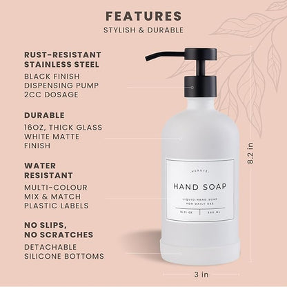 Hand and Dish Soap Dispenser for Kitchen and Bathroom, Set of 2 16 Oz Glass Bottles, Stainless Steel Pumps, Non-Slip Silicone Base, 27 Waterproof Labels (Matte White Bottle/Black Pump) - Image 6