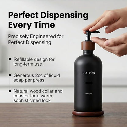 Soap Dispenser Bathroom, Refillable Lotion Dispenser with Tray, Glass Lotion Bottle with Pump, Suitable for Bathroom Countertop Soap Dispensers, Modern Home Decor. (Black)