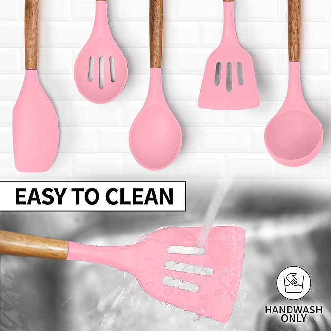 Zulay Kitchen Non-Stick Cooking Utensils Set with Authentic Acacia Wood Handles – 5-Piece Durable & Stylish Silicone Kitchen Utensils Set – Heat Resistant to 464°F – Pink - Image 7