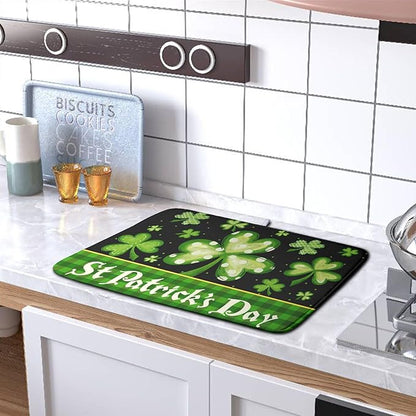 St Patrick's Day Dish Drying Mats for Kitchen Counter 16x18 Inch Lucky Clovers Shamrock Green Buffalo Plaid Drying Mat Microfiber Absorbent Dish Drying Pad Dish Drainer Rack Mats for Kitchen Sink - Image 5