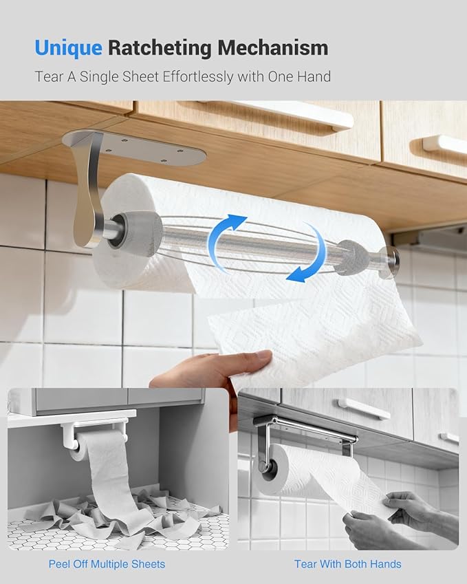 Paper Towel Holder Under Cabinet, One-Handed Tear, Wall Mount, Adhesive, Silver, Paper Roll Holder with Ratchet Mechanism for Kitchen Bathroom Farmhouse Essentials Decor Accessories - Image 2