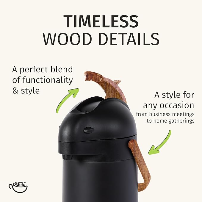 Thermal Coffee Carafe 102Oz w/Wood Trim, Keeps Coffee Hot for 12Hrs & Cold for 36Hrs-Premium Stainless Steel Carafe for Hot Liquids, Easy One-Handed Dispensing for Office, Home, Party, Durable Airpot - Image 2