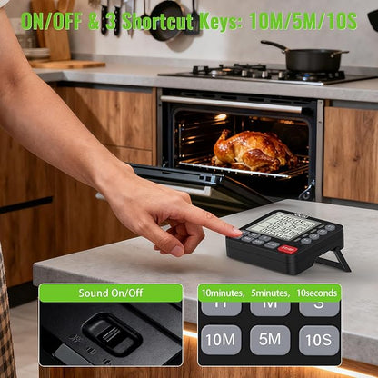 Digital Dual Kitchen Timer, 4-Channel Magnetic Countdown Timer for Cooking, On/Off, Large Display Multi Food Loud Alarm Silent for Classroom Seniors Battery Included (White)