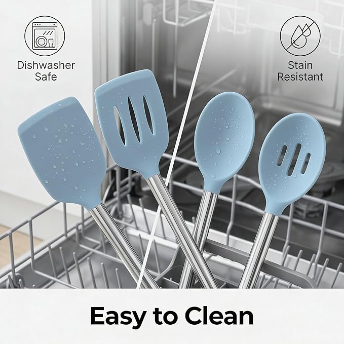 Vayvnt 4PCS Kitchen Utensils Set, Heat Resistant Silicone Utensils Set for Cooking, Non Scratch Spatula Spoons for Non Stick Pan, Large Kitchen Cooking Tools, Metal Long Handle&Dishwasher Safe, Blue