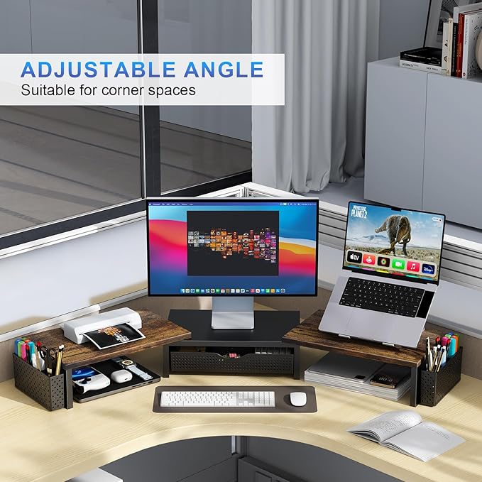 gianotter Dual Monitor Stand Riser, Desk Organizer With Drawer and 2 Pen Holders,Computer Monitor Stand, Desk Shelf for Top of Desk, Wood - Image 5