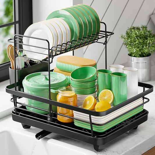 Kitsure Dish Drying Rack for Kitchen Counter, Stainless Steel Sink Organization and Storage Essentials with Cutlery Holder, Home and Appartment Decor, 12''W x 15.5''L, 2 Tiers, Black by Kitsure