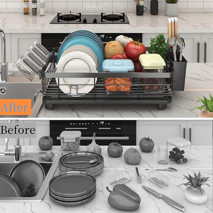 Godboat Dish Drying Rack, Dish Rack with Auto-Drain & Mat, Dish Drainers for Kitchen Counter, Glass Organizer for 4 Cups, 3 Slots Utensil Holder, Gifts for Women Mothers Day, Kitchen Gadgets & Decor - Image 4