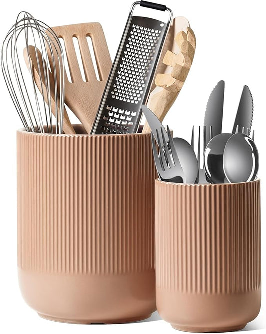 LE TAUCI Utensil Holder for Kitchen Counter, 7.3"+5.4" Fluted Ceramic Utensil Crock Organizer for Countertop, Heavy Large Holder for Spatulas, Spoons, Set of 2, Dusty Coral by LETAUCI