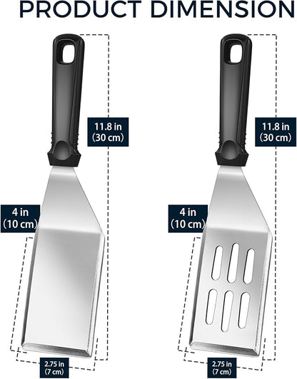 11.8-in 18/0 Stainless Steel Spatulas, Silicone Non-slip Handle, Brushed Metal Spatula Set for Kitchen Use Cast Iron Skillet, BBQ Frying Griddle, Pack of 2