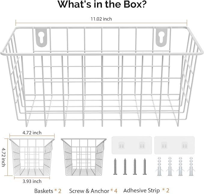 MaraFansie Hanging Wire Baskets Kitchen Storage Basket Adhesive and Screws Basket Over the Cabinet Door Organizer with Adhesive Strips and Screws Accessories, 2 Installations, 2 Pack, White - Image 7