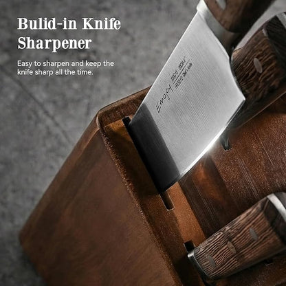 Knife Set, Emojoy 16-Piece Kitchen Knife Set with Block, Knife Block Set with Kitchen Shears and Sharpener, High Carbon German Steel(Natural Wenge)