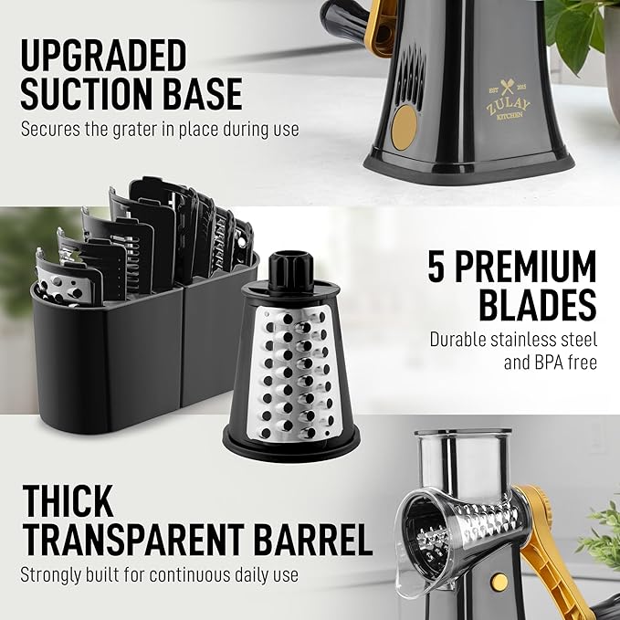 Zulay Kitchen Rotary Cheese Grater 5 Blade Cheese Shredder - Manual Hand Crank Cheese Grater With Reinforced Suction & 5 Interchangeable Drums - Easy to Use, Vegetable Chopper Round Mandoline Slicer - Image 7