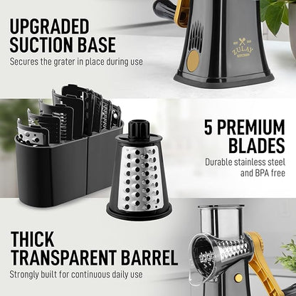 Zulay Kitchen Rotary Cheese Grater 5 Blade Cheese Shredder - Manual Hand Crank Cheese Grater With Reinforced Suction & 5 Interchangeable Drums - Easy to Use, Vegetable Chopper Round Mandoline Slicer - Image 7