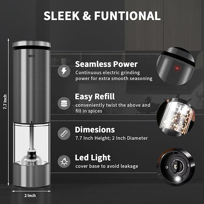 Haomacro Electric Salt and Pepper Grinder Set, Upgraded Larger Capacity Stainless Steel Automatic Salt and Pepper Mill Set Refillable with 5 Adjustable Coarseness Stainless Steel Top button Shaker