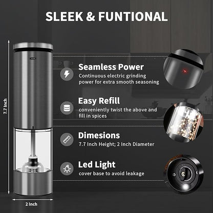 Haomacro Electric Salt and Pepper Grinder Set, Upgraded Larger Capacity Stainless Steel Automatic Salt and Pepper Mill Set Refillable with 5 Adjustable Coarseness Stainless Steel Top button Shaker