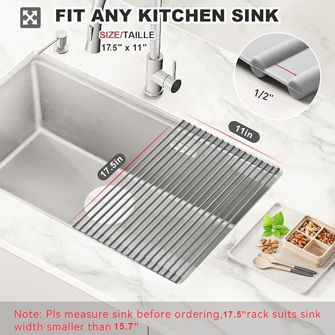 MERRYBOX Roll Up Over The Sink Dish Drying Rack Silicone Wrapped Foldable, Heat-Resistant, Anti-Slip Sink Rack Multipurpose Dish Drainer for Kitchen Sink Counter - Grey, 17.5" x 11" - Image 2
