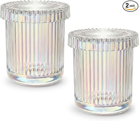 2 Pack Qtip Holder - Apothecary Jars with Lids, Bathroom Organizers and Storage Canister for Cotton Balls,Swabs,Floss Picks,Hair Ties,Clear Glass Vintage Bathroom Decor Jar Set (Iridescent)