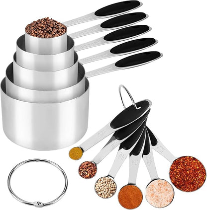 Accmor 11 Piece Metal Measuring Spoons Cups Set, Premium Stainless Steel Stackable Tablespoons Measurement kit, Kitchen Gadgets Cups and Spoon for Dry Liquid Ingredients Cooking Baking (Black Handle) by Accmor