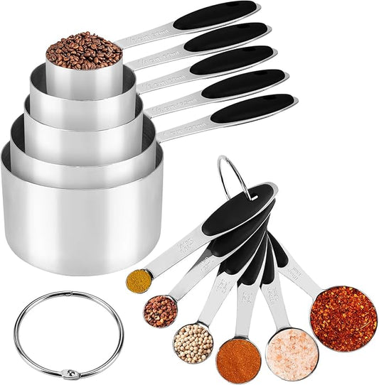Accmor 11 Piece Metal Measuring Spoons Cups Set, Premium Stainless Steel Stackable Tablespoons Measurement kit, Kitchen Gadgets Cups and Spoon for Dry Liquid Ingredients Cooking Baking (Black Handle) by Accmor