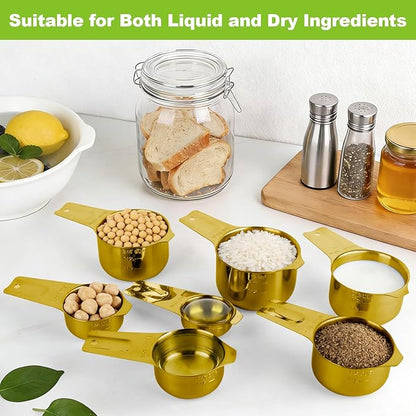 7 Pcs Gold Measuring Cups Stainless Steel, Nesting Metal Measuring Cups with Markings & Ring, Stackable Measure Cups Spoons Set for Cooking Baking Supplies, Kitchen Utensils for Dry Liquid Ingredients - Image 5