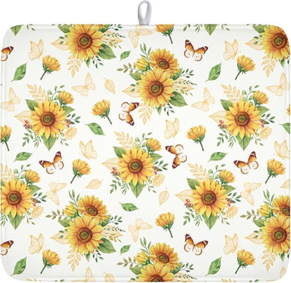Sunflower Dish Drying Mat for Kitchen Counter Summer Yellow Floral Microfiber Dish Drainer Mat Rustic Farmhouse Absorbent Washable Drying Pad 16"x18"