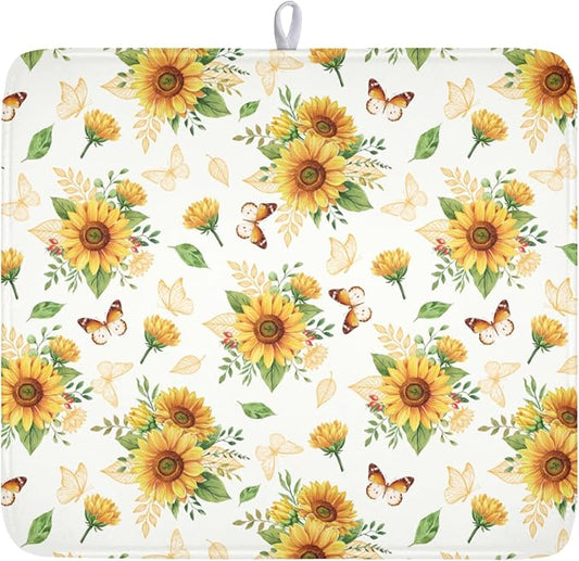Sunflower Dish Drying Mat for Kitchen Counter Summer Yellow Floral Microfiber Dish Drainer Mat Rustic Farmhouse Absorbent Washable Drying Pad 16"x18"
