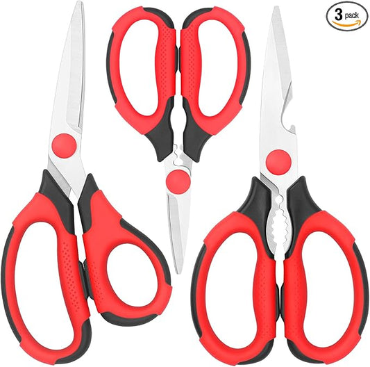 Kitchen Scissors, Sharp Stainless Steel Blades, Soft Grips, Multi-Purpose Heavy Duty Scissors Set, Red/Black, 3 Piece Set