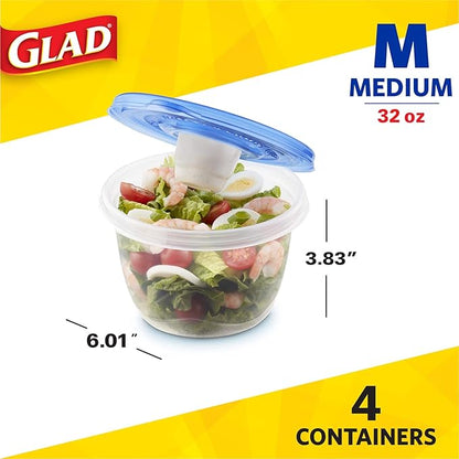 Glad GladWare to Go Lunch Food Storage Containers with Lids, Medium Round No BPA Plastic with Built-in Dressing Cup for Salads and Lunches, Microwave Dishwasher Safe, 32 Oz, 4 Count - Image 2