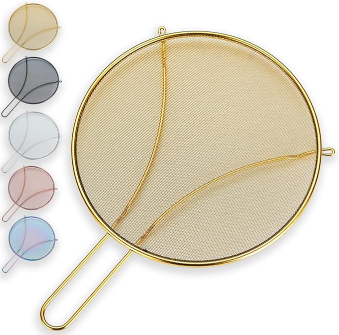 Evanda 12" Gold Splatter Screen for Cooking, Stainless Steel Fine Mesh for Frying Pan, Grease Guard for Pan to Stop Hot Oil Splatter, Protect the Skin From Burns, Safe Cooking Lid by Evanda
