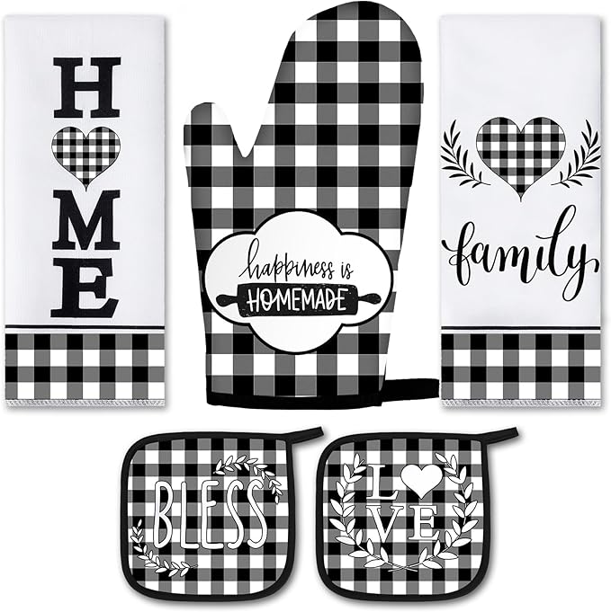 5 Pieces Buffalo Plaid Kitchen Towels Oven Mitts and Pot Holder Set Black and White Kitchen Towels Oven Gloves, Hot Pads Pot Holders for Farm House Accessories Decor(Heart) by Rtteri
