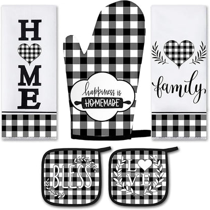 5 Pieces Buffalo Plaid Kitchen Towels Oven Mitts and Pot Holder Set Black and White Kitchen Towels Oven Gloves, Hot Pads Pot Holders for Farm House Accessories Decor(Heart) by Rtteri