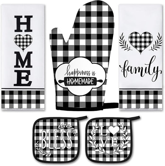 5 Pieces Buffalo Plaid Kitchen Towels Oven Mitts and Pot Holder Set Black and White Kitchen Towels Oven Gloves, Hot Pads Pot Holders for Farm House Accessories Decor(Heart) by Rtteri